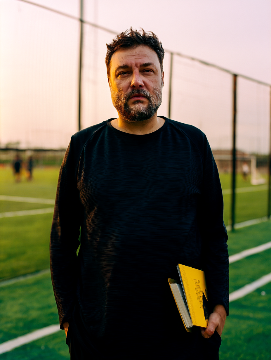 Sebastian Ioan holding Mental Preparation for Football beside a football pitch